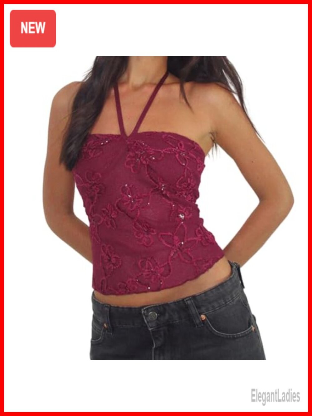 Sequin Floral Halter Tank Top Slim Fit Backless Tie Up Sleeveless Crop Vest